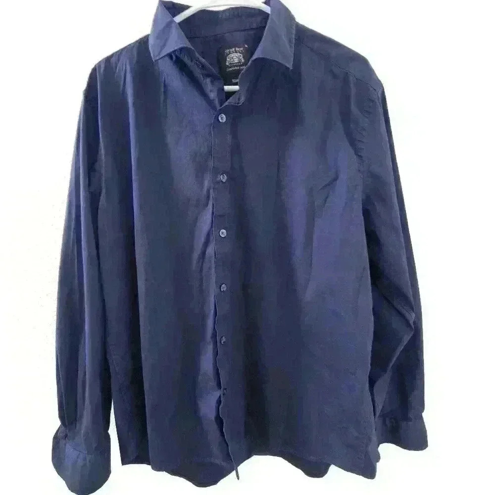 Savile Row Button Front Dress Shirt Slim Fit Navy Blue XL Long Sleeve